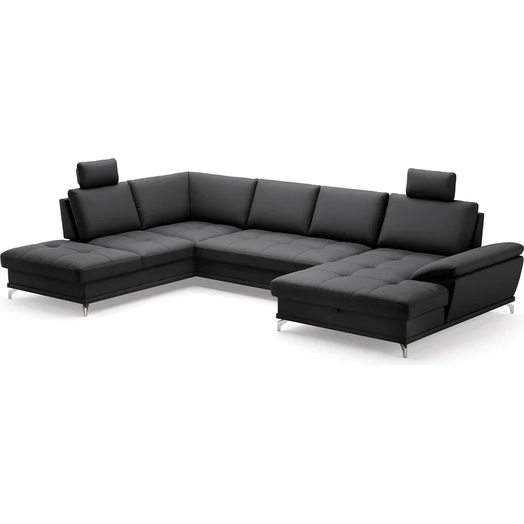 Cavadore Wohnlandschaft Castiel mit Federkern / Sofalandschaft mit großem Longchair, Sitztiefenverstellung, Kopfstützen und satinierten Metallfüßen / 363x89-104x223 / Echtleder, Schwarz