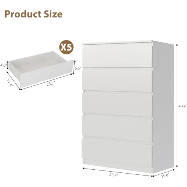 Jocoevol Kommode mit 5 Schubladen, Komodenschrank, Schubladenschrank, Moderner Schubladenschrank, Holzkommode mit Tiefen Schubladen für Wohnzimmer Schlafzimmer Eingangsbereich, 60 x 39 x 100 cm, Weiß – Bild 2