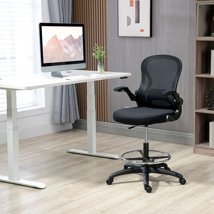 Zeichenstuhl, höhenverstellbarer Bürostuhl, mit Fußstütze, 59 cm x 65 cm x 122 cm, Schwarz--Schwarz--122x65x59cm--YOUDENOVA – Bild 3