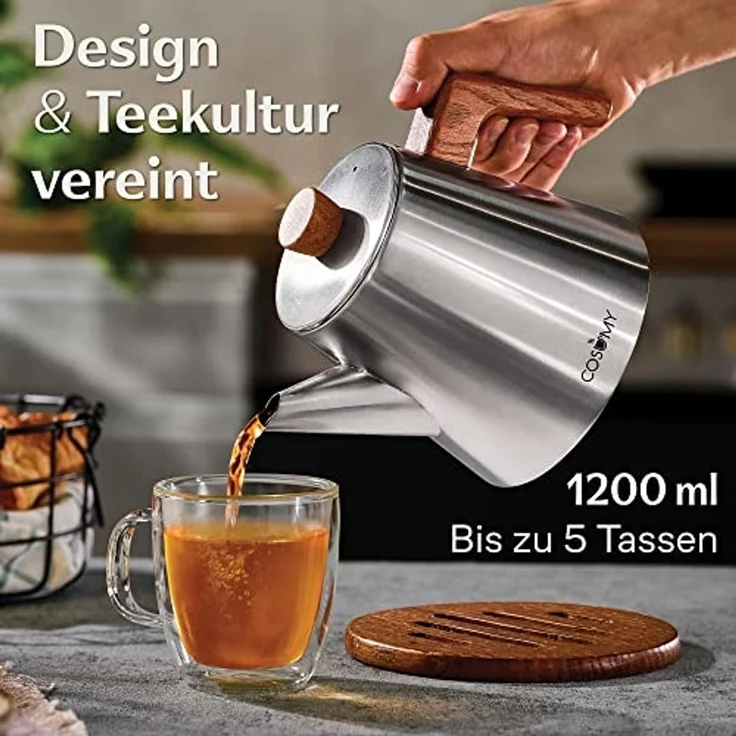 Cosumy Teekanne mit Siebeinsatz und Untersetzer - Edelstahl & FSC Holz - Induktion, 1.2 l, (Set, 1-St, Teekanne mit Siebeinsatz und Untersetzer), Induktion und alle anderen Herdarten - 1200ml - Tropffrei - Hält warm – Bild 2