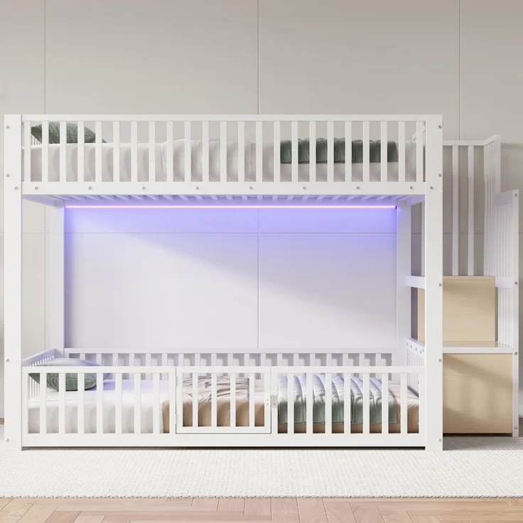 EINHOM 140 x 200 cm Etagenbett mit Stauraumleiter, mit LED, Weiß (Ohne Matratze) – Bild 3