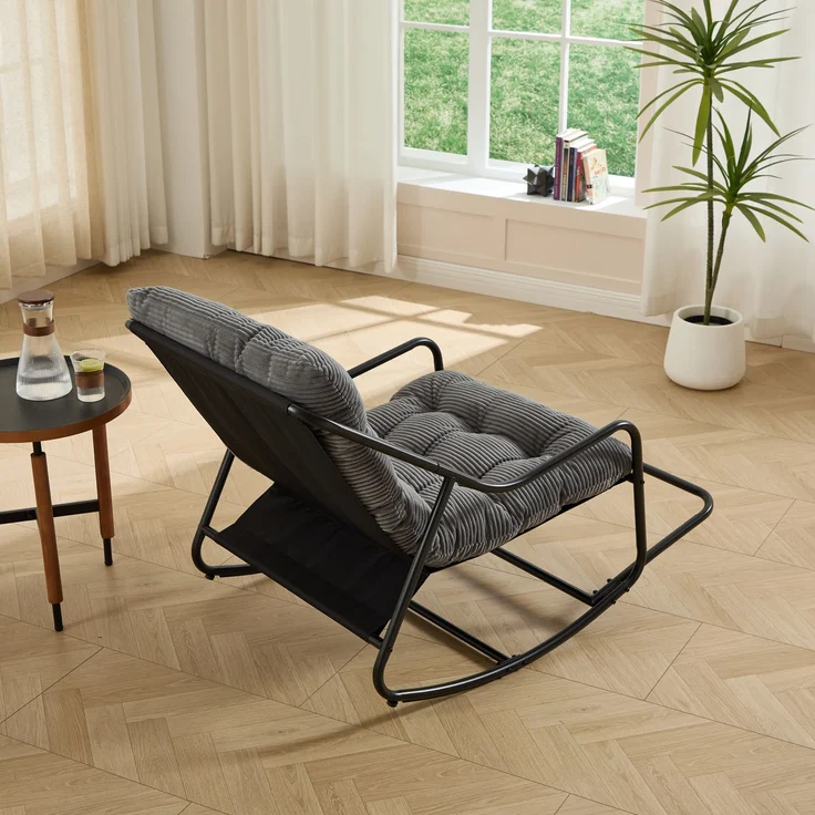 JARDJ Outdoor-Schaukelstuhl, bequemes Kissen, mit weichem, dickem Polster, für Wohnzimmer, Schlafzimmer, Leseecke, schwarzes Gestell mit grauem Kissen, Grau – Bild 4