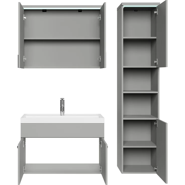 Badplaats Badmöbel Komplettset Paso LED 80x40 cm Grau Matt - Badezimmermöbel mit Waschbecken, Spiegelschrank und Badezimmerschrank – Bild 4