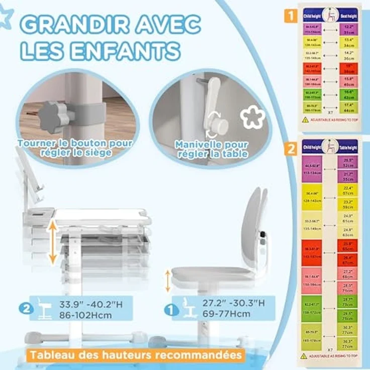 AIYAPLAY Kinderschreibtisch mit Stuhl, Kinderschreibtisch- und Stuhlset mit Höhenverstellung, 45° geneigter Tischplatte, Schublade und Buchstütze, für Kinder von 3 bis 12 Jahren, grau – Bild 4