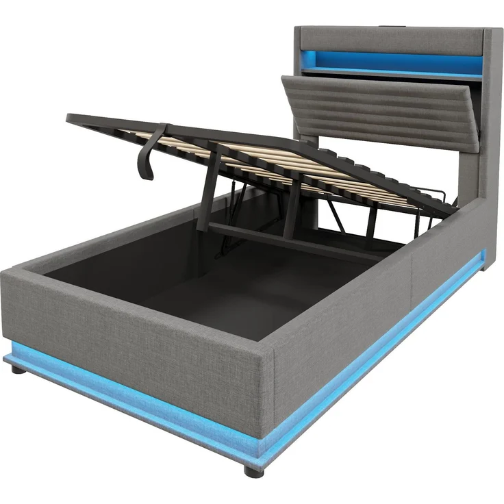 Polsterbett mit LED-Streifen, Stauraum, Schrank, USB und Type-C, 90x200 cm, gepolsterter Kopfteil mit Schrank, Einzelbett, Stauraumbett, Leinen – Bild 7