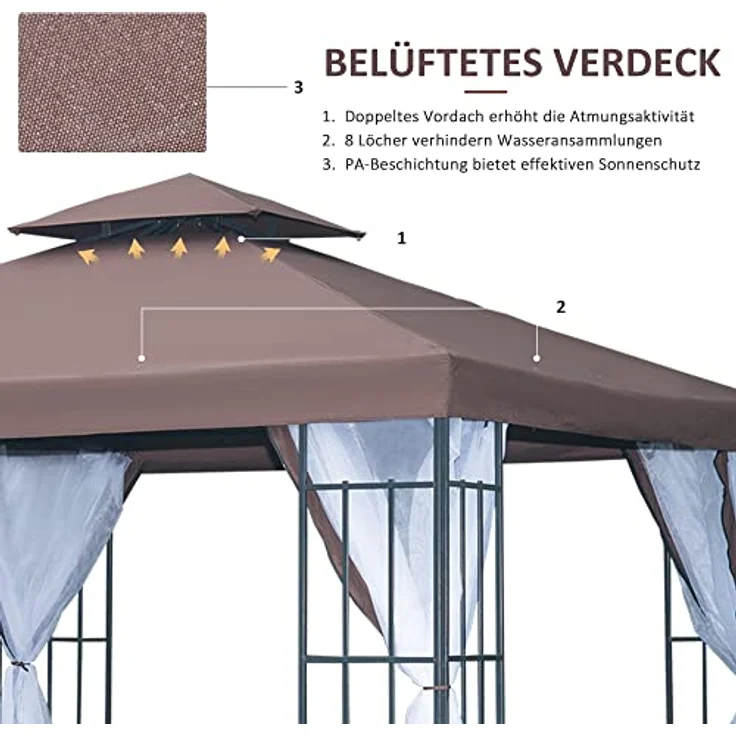 Outsunny Pavillon Gartenpavillon mit Moskitonetzen und Doppeldach, Festzelt 2,97x2,97m für Garten und Veranstaltungen – Bild 3