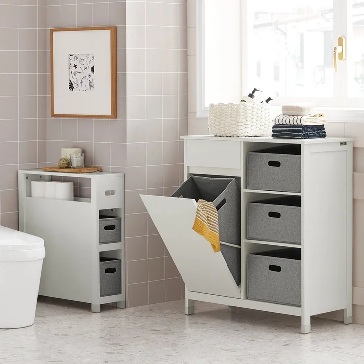 SoBuy BZR77-W Wäscheschrank, MDF, Lackiert, Weiß, 80 x 91 x 38 cm – Bild 2