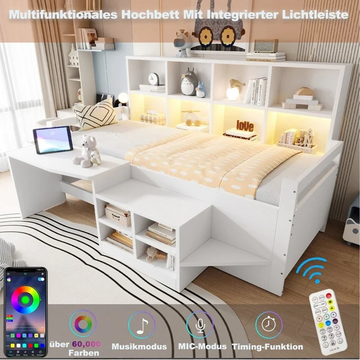 Flieks Kinderbett, Halbhochbett 90x200cm mit Schreibtisch, Schrank, Aufladen & LED-Leiste – Bild 4