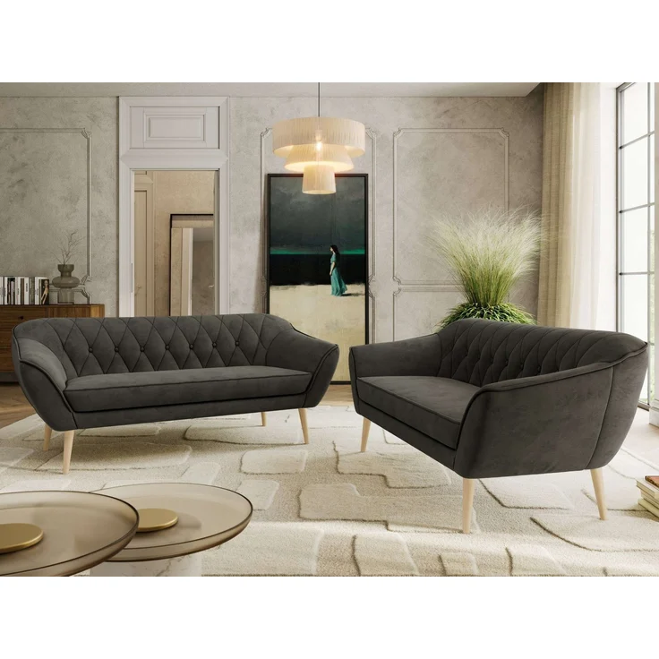 Wohnzimmerset Möbelset PIRS 3-3, Armlehnen, Wellenfederung, Buche Füße, Dreisitzer Sofa, Polstermöbel Set - Hellgrau Velvet – Bild 3