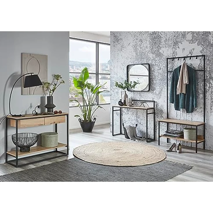XXXL Garderobe, Schwarz und Eiche, Industrial-Design mit 5 Haken und Kleiderstange, 80x180x35 cm – Bild 8