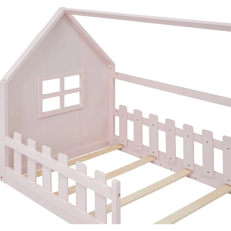 Kinderbett 90x200 cm in Hausform, rosa Jugendbett aus Kiefer & MDF, stabiles Hausbett für Mädchenzimmer – Bild 10