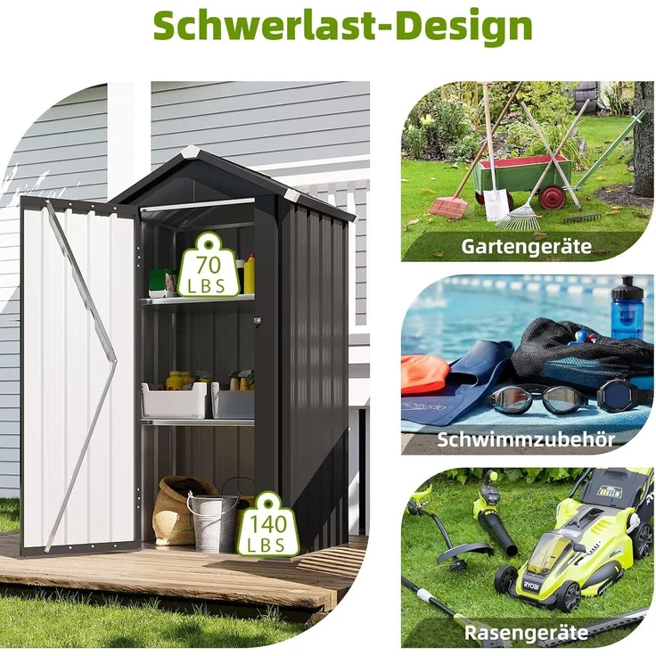Aoxun Metall-Gartenschuppen 88x69x160cm mit Bodenplatte & 2 Ablagen | verstellbaren Ablagen, kompakter Gartenschrank wetterfestes Metall mit abschließbarer Tür für Balkon Terrasse Garten,Schwarz – Bild 4