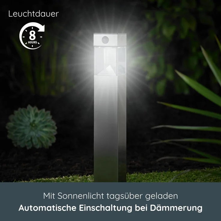 MeLiTec Solar Gartenleuchte rund/ eckig mit Bewegungsmelder, Edelstahl silber / anthrazit : Edelstahl matt : Eckig – Bild 2