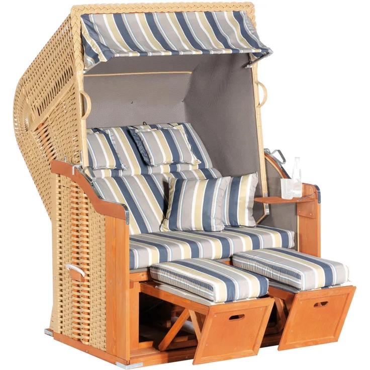SunnySmart 'Rustikal 255 PLUS' Garten-Strandkorb mit Kissen, 2-Sitzer, beige/taupe/blau, 90 x 160 x 125 cm
