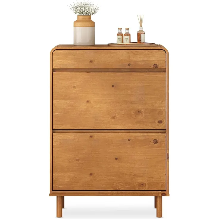 IDIMEX Schuhkommode NAEL, Schuhregal schmal Massivholz mit 2 Klappen & Schublade Eiche farben