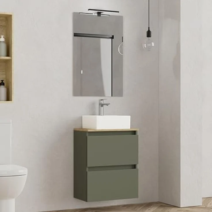 Baikal Maia Badezimmermöbel-Set, kleines Waschbecken aus Keramik und Spiegel mit LED-Licht, hängender Wandschrank, Verschiedene Ausführungen und Maße, montiertes Möbelstück. – Bild 2