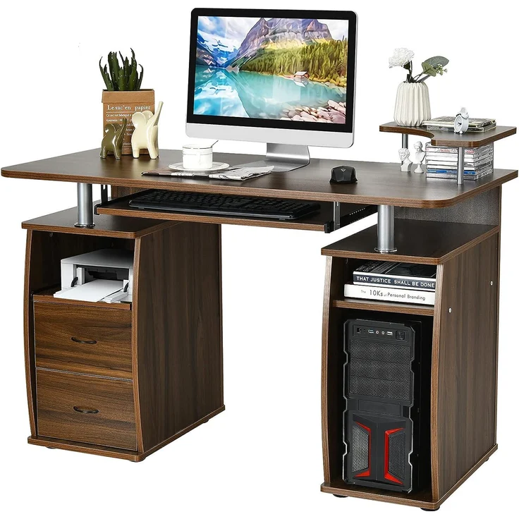 COSTWAY Computertisch Schreibtisch Buerotisch Arbeitstisch PC-Tisch mit Tastaturauszug Druckerablage Schubladen Walnuss – Bild 1