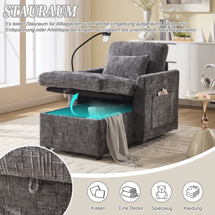 LVHOM Einzelsofa mit Handyhalterung, Polsterliege mit Bettkasten und Seitentaschen, Relaxsessel Schlafsofa mit versteckten Stauraum – Bild 3