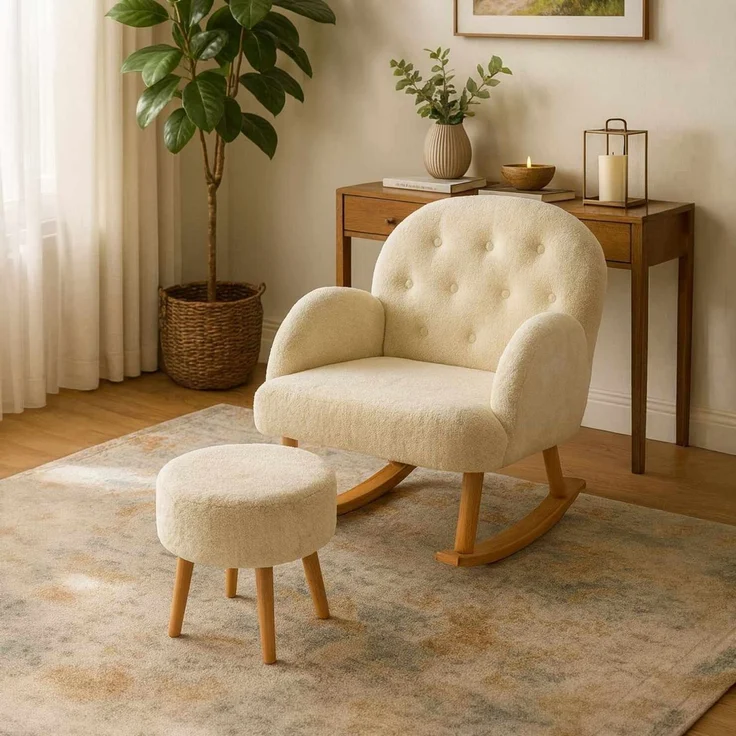 Hanah Home 'Dügmeli - Cream' Ohrensessel- und Hocker-Set (2-teilig), Creme, 80 x 85 x 65 cm – Bild 1