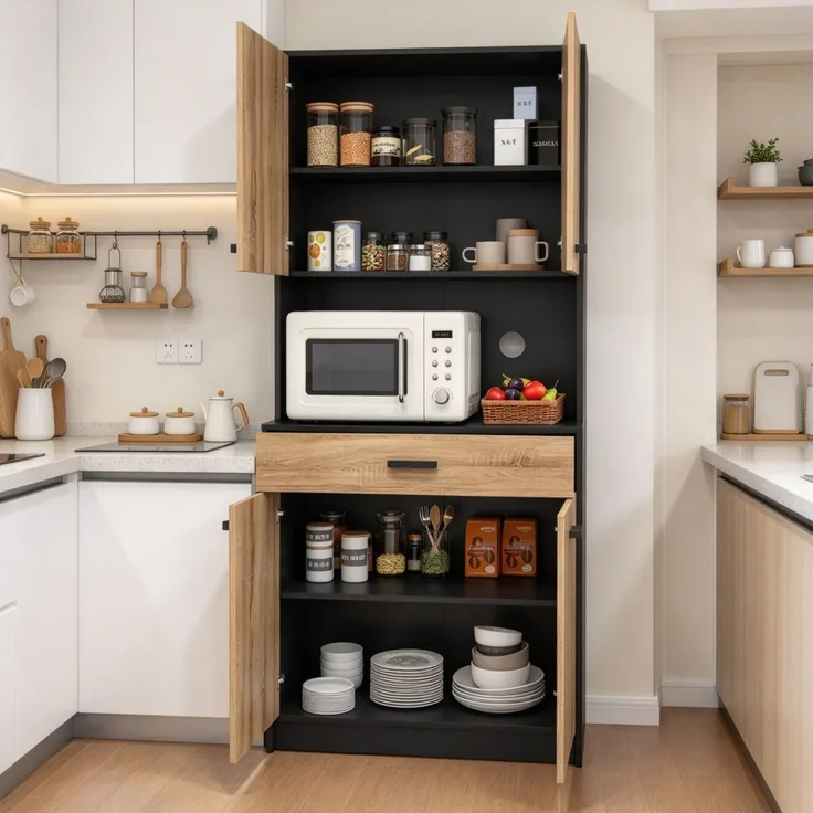 Küchenbuffet 80x40x180 cm im Industrial-Stil, 4 Türen, Schublade und Kabeldurchführungen