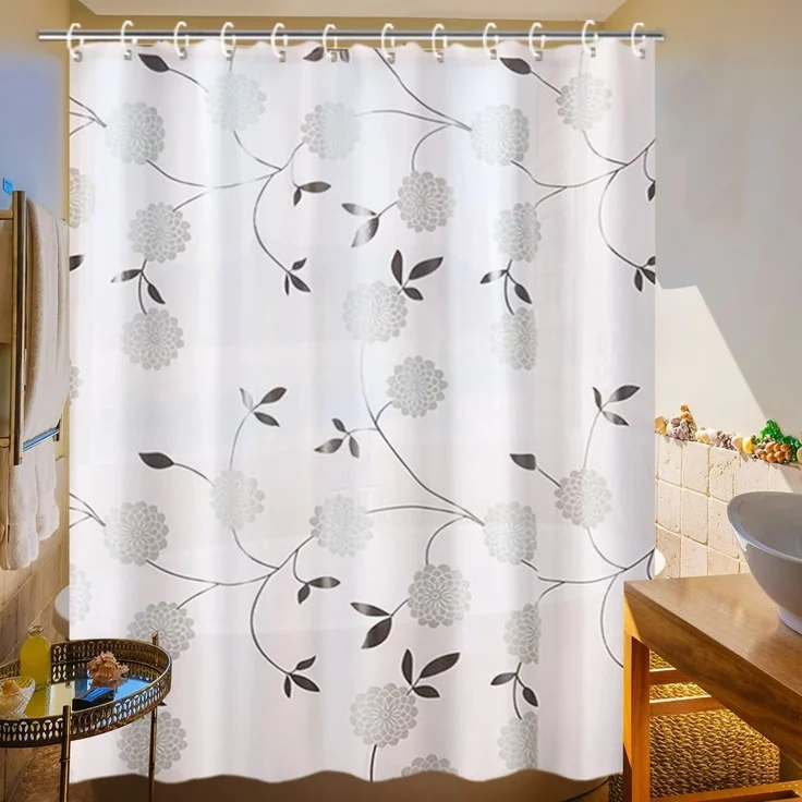 ABC Dahlien - Duschvorhang, PEVA, mit 12 Haken, 71 x 71 Zoll, weiß und schwarz/grau, Dahlienmuster, 2 - in - 1 – Bild 3