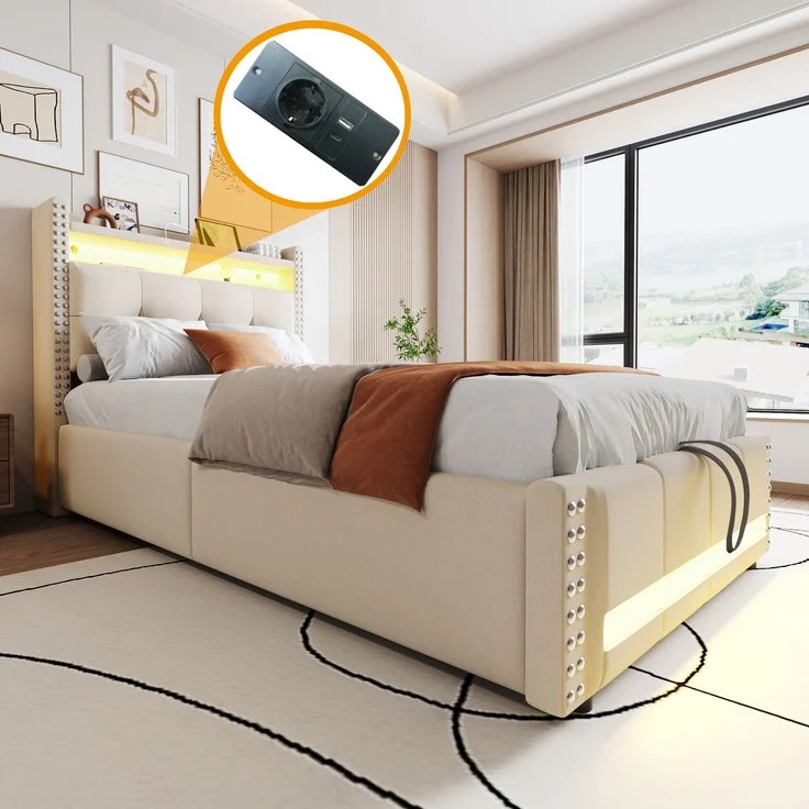 EINHOM Polsterbett Kinderbett 90 x 200 cm mit LED-Beleuchtung und USB-Steckdose, Kopfteil mit Einlegeböden und Stauraum, mit Hydraulik für die Lagerung, Einzelbett, Leinenstoff Beige, (Ohne Matratze) – Bild 5