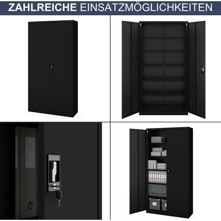Aktenschrank abschließbar KADO - 6 Ebenen verstellbar, Flügeltüren | Metallschrank Werkstatt Mehrzweckschrank Büroschrank aus Stahl Werkzeugschrank, 220 x 115 x 40 cm Schwarz – Bild 6