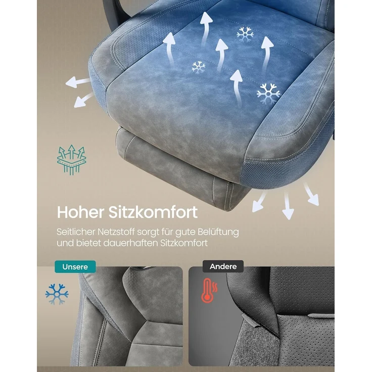 SONGMICS Gaming-Stuhl, Bürostuhl, Computerstuhl, ergonomisches Design, mit Fußstütze, verstellbares Kopfkissen – Bild 4