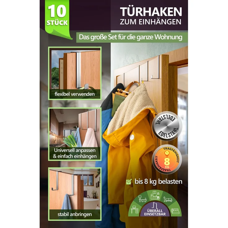 Aurelia Home Türhaken zum Einhängen, 10er-Set, Silber – ohne Bohren, bis 8 kg – Bild 2