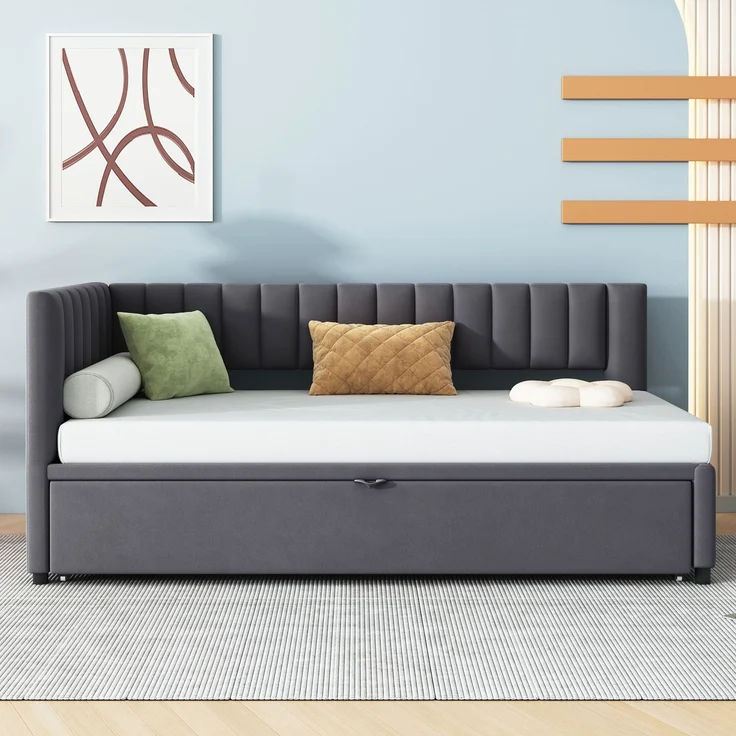 L-förmiges Schlafsofa 90x200 cm mit ausziehbarem Gästebett – Samt Sofa mit Stauraum, Jugendbett, Klappsofa in Dunkelgrau – Bild 3