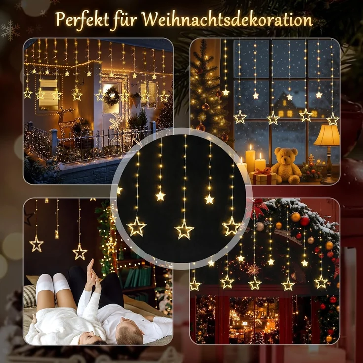 Salcar LED-Lichterkette LED Sterne 2m 160 LED Lichtervorhang Weihnachten Lichterkette Außen, 2m 160 LED Warmweiß, 8 Modi, Timer und Memory – Bild 8