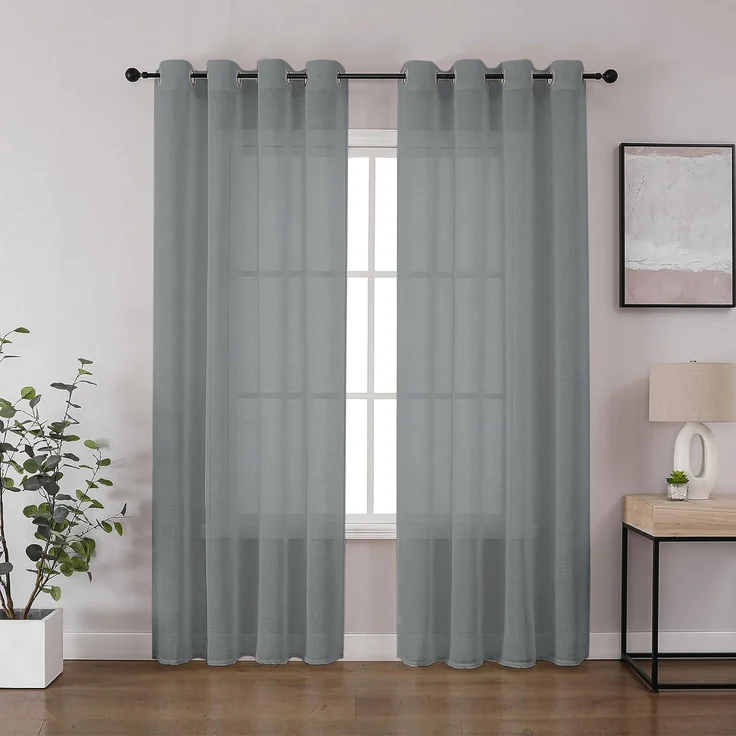 CUCRAF Leinen Voile Vorhänge mit Ösen Lichtfilterung Gardine für Schlafzimmer Wohnzimmer, Grau Blau, H160 x B140cm 2er Set – Bild 1
