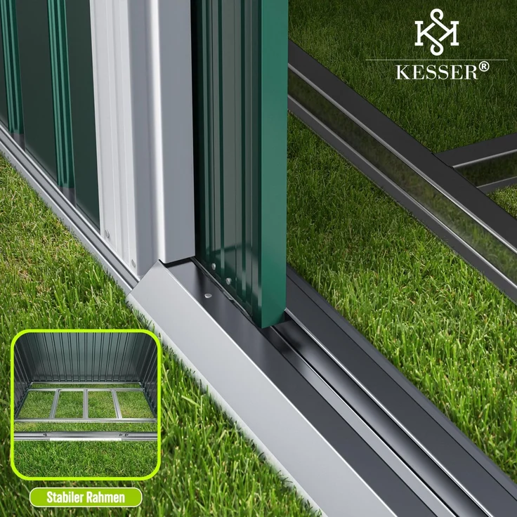 KESSER® XL Metall Gerätehaus 4,2m³ mit Fundament | inkl. Arbeitshandschuhe | 195 x 131 x 186 | 2x Schiebetür & Fundament | Geräteschuppen | Gartenhaus Schrank | Satteldachdach Garten Schuppen Grün – Bild 3