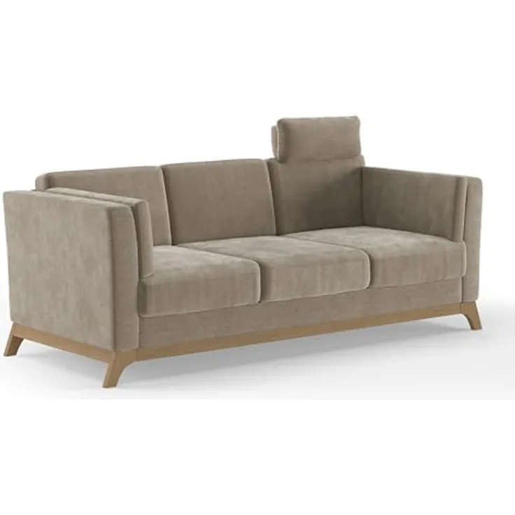 Cavadore 3er-Sofa Vida / 3-Sitzer Couch im trendigen Design mit massivem Holzrahmen in Buche, Kopfstütze mit Kuschelkissen / 213 x 84 x 93 / Mikrofaser, Perlbeige