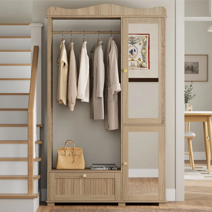 Garderobenschrank mit Spiegel & Offener Kleiderständer – ,Kompaktgarderobe,Praktische Aufbewahrung mit Schublade & 2 Türen, Ideal für Schlafzimmer & Flur--Eiche--115.5x38.5x194.5cm--YOUDENOVA – Bild 8