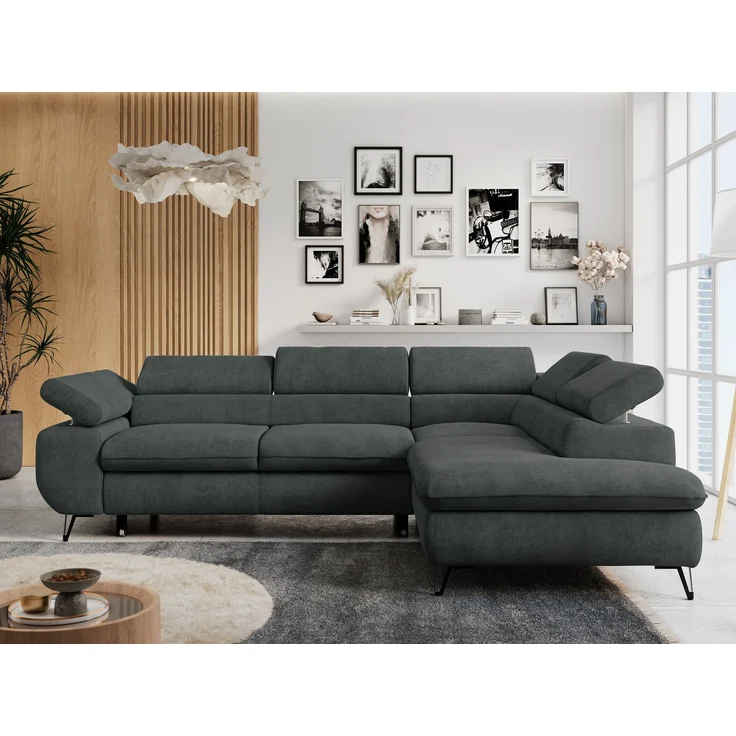 Mks Möbel 'Peter L-form' Ecksofa mit Bettfunktion, Bettkasten & einstellbaren Kopfstützen, Dunkelgrau, Stoff, mit Topper, rechts