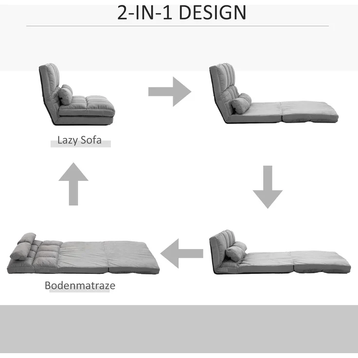 HOMCOM Relaxsessel mit Rückenlehne, 3 Positionen Verstellbare, Sitzkissen (Klappbett, 1-St, 2-in-1 Bodensessel), für Schlafzimmer, Wohnzimmer, Grau – Bild 4