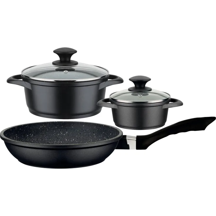 GSW Topf-Set Gourmet Granit, Aluminiumguss (Set, 5-tlg, 1 Kochtopf 16 x H 7,5 cm, 1 Kochtopf 20 x H 9,0 cm, 1 Bratpfanne 24 cm), VITAFLON® GRANIT Antihaft-Versiegelung, Granit-Design, Induktion