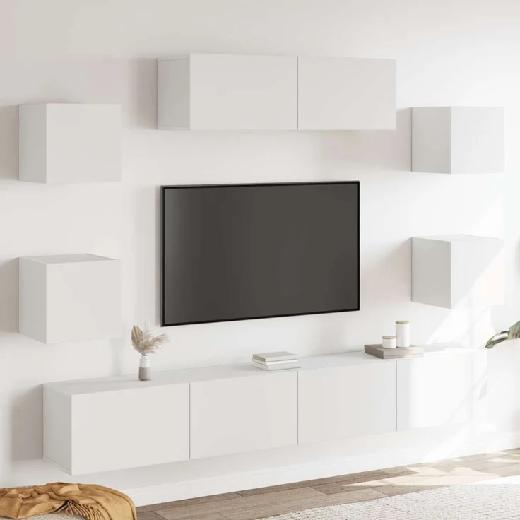 7-tlg. TV-Schrank, Lowboard TV Set Weiß Holzwerkstoff – Bild 1