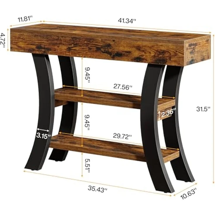 LITTLE TREE Konsolentisch, Eingangstisch mit 3 Ablagen, 105 x 30 x 80cm, Flurtisch Sofatisch hinter Couchtisch, Schmale Holzakzenttische mit Metallrahmen für Flur, Eingang, Foyer, Braun und Schwarz – Bild 2