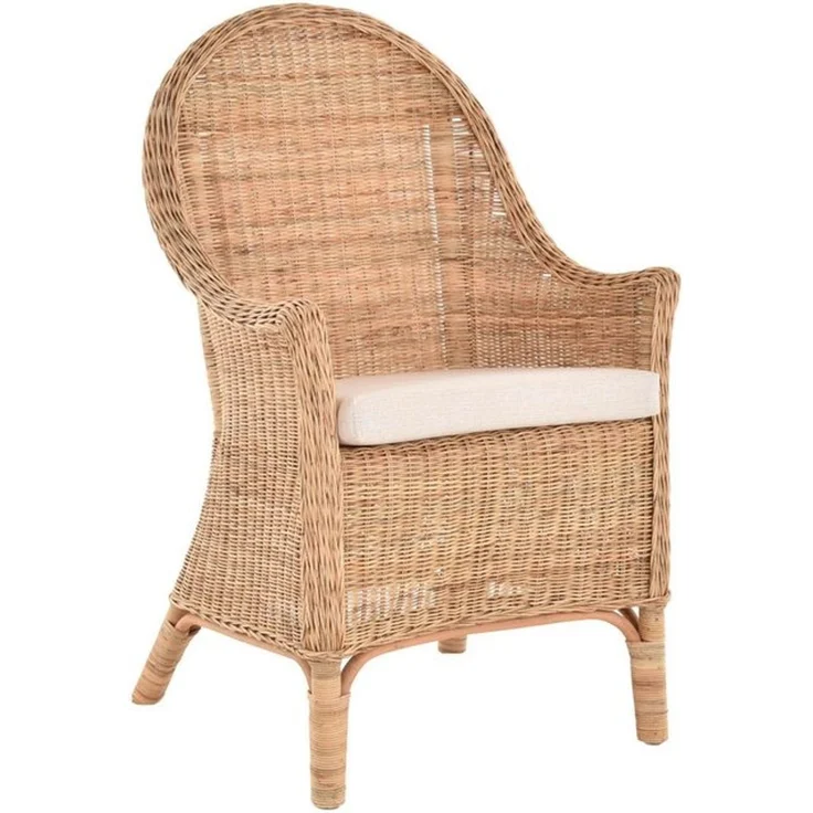 Krines Home Esszimmersessel Korbstuhl mit hoher Rückenlehne und Armlehne Armlehnstuhl Natur Rattan, Sessel gerader Rücken mit Kissen – Bild 4