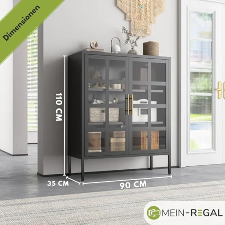 Mein-Regal Highboard Glasgow aus Metall Beistellschrank 2 Glastüren Schwarz – Bild 3