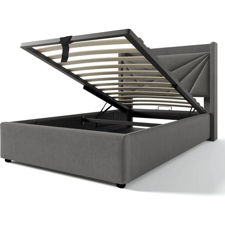 Polsterbett Baumwoll-Leinen mit Bettkasten & USB-Anschluss, 96x208x107 cm, Grau, ohne Matratze – Bild 6