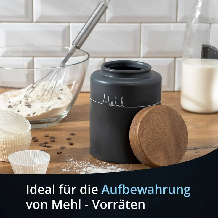 KHG Vorratsdose Mehl aus Steinzeug mit luftdichtem Akazienholz‑Deckel grau, Steingut, Luftdichte Aufbewahrungsdose für Mehl – schützt vor Feuchtigkeit – Bild 1