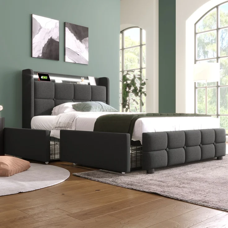 Einzelbett 90 × 200 cm mit Steckdosen,USB-Anschlüssen und LED-Beleuchtung,2 Schubladen,Leinenbezug in Grau – Bild 5