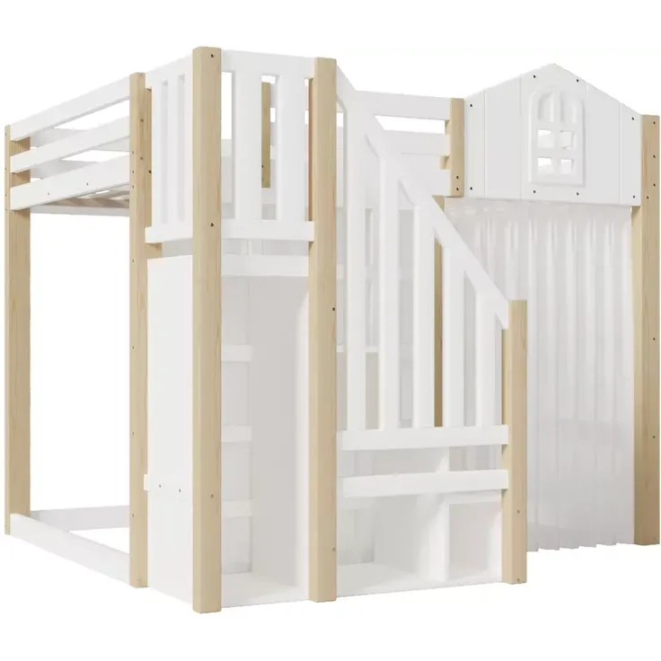 Hochbett mit LED-Beleuchtung, Lattenrost, Rausfallschutz, Treppe und Gardine, 140x200 cm, Kinderbett, Kiefer – Bild 8