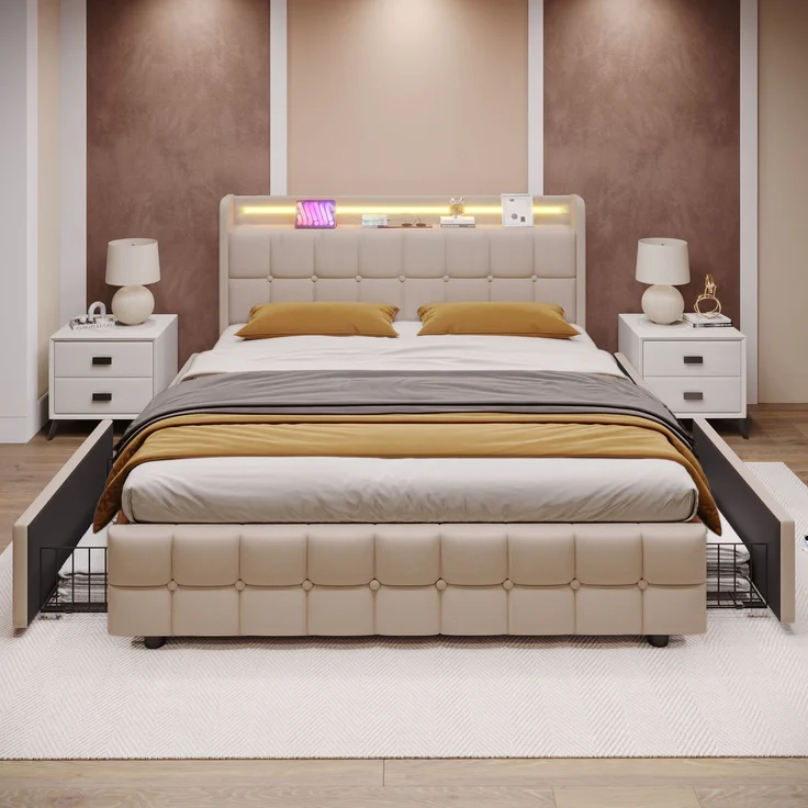 Einzelbett 160 × 200 cm mit Steckdosen,USB-Anschlüssen und LED-Beleuchtung,4 Schubladen,Leinenbezug in Beige – Bild 6