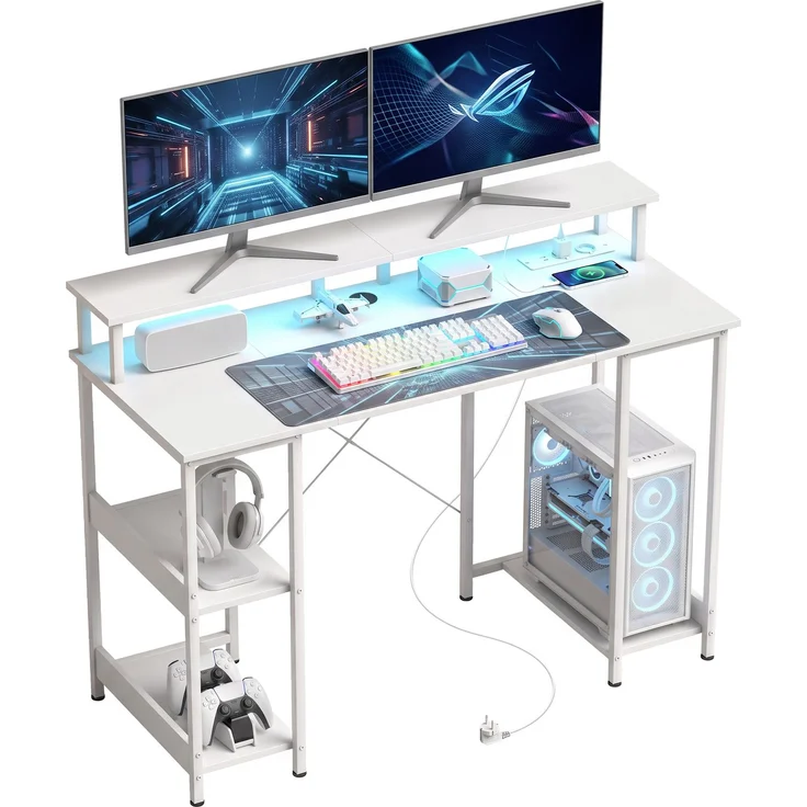 Wendbarer Computertisch mit Ablagen, 120 x 50 cm, mit Steckdosen und LED-Beleuchtung, Weiß in Holzoptik – Bild 2