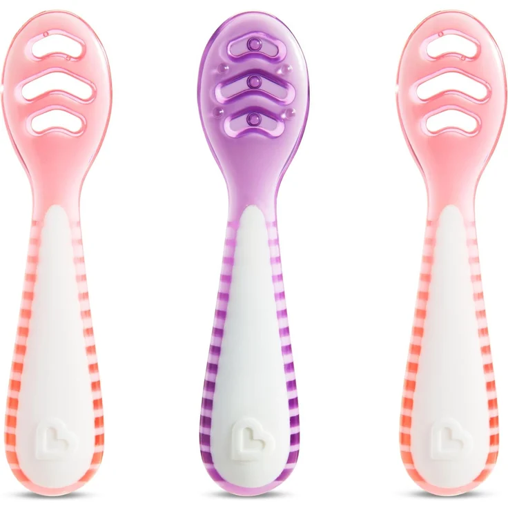 Munchkin Gentle Dip Mehrphasen-Löffel für die ersten Mahlzeiten | Beikost-Löffel für Babys ab 4 Monaten | Ideal für Baby-Led Weaning | Ergonomisches Design | BPA-frei | Rosa & Lila | 3er-Pack