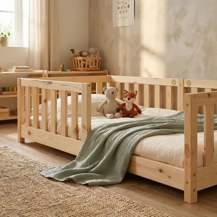 ecoMI Kinderbett mit Rausfallschutz und Lattenrost, Kiefernholz natur, 80x160 cm
